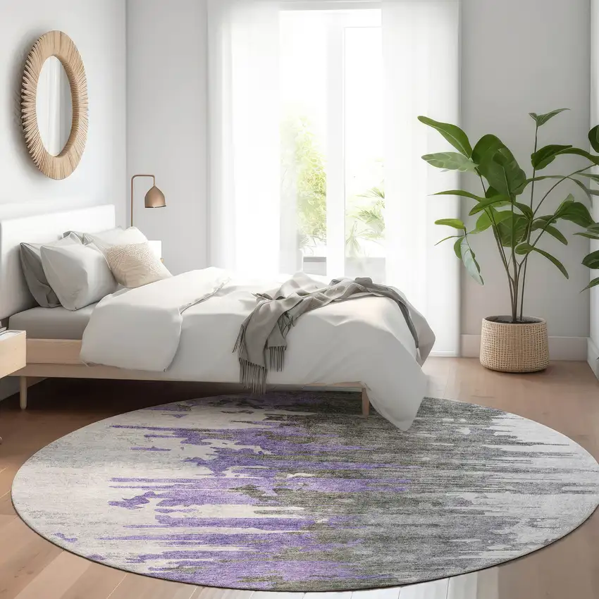 8' Purple Ivory And Charcoal Round Abstract Washable Indoor Outdoor Area Rug Photo 7