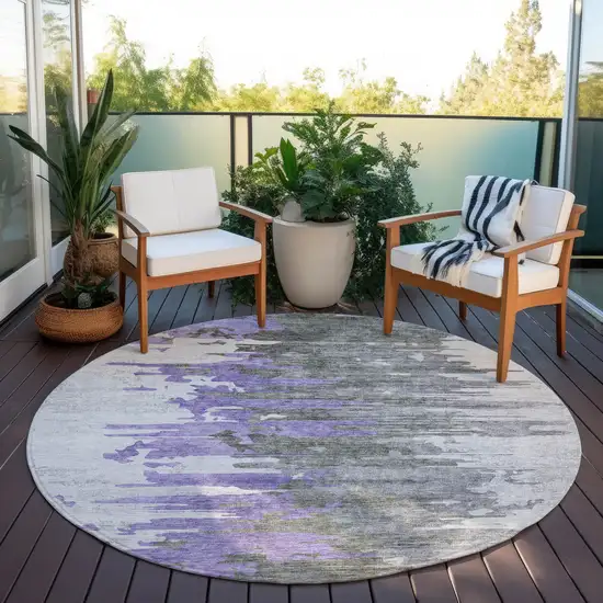 8' Purple Ivory And Charcoal Round Abstract Washable Indoor Outdoor Area Rug Photo 6