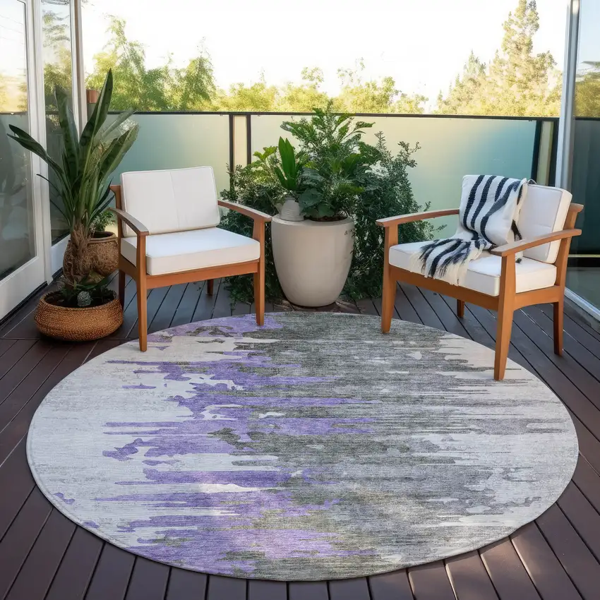 8' Purple Ivory And Charcoal Round Abstract Washable Indoor Outdoor Area Rug Photo 6