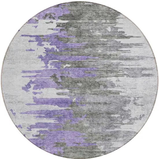 8' Purple Ivory And Charcoal Round Abstract Washable Indoor Outdoor Area Rug Photo 5