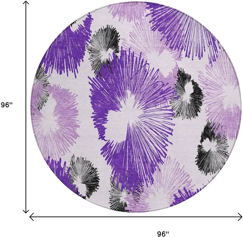 8' Purple Ivory And Charcoal Round Floral Washable Indoor Outdoor Area Rug Photo 9