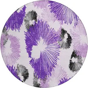 Photo of 8' Purple Ivory And Charcoal Round Floral Washable Indoor Outdoor Area Rug