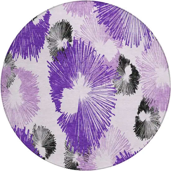 8' Purple Ivory And Charcoal Round Floral Washable Indoor Outdoor Area Rug Photo 1