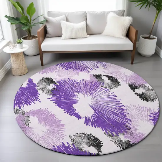 8' Purple Ivory And Charcoal Round Floral Washable Indoor Outdoor Area Rug Photo 8