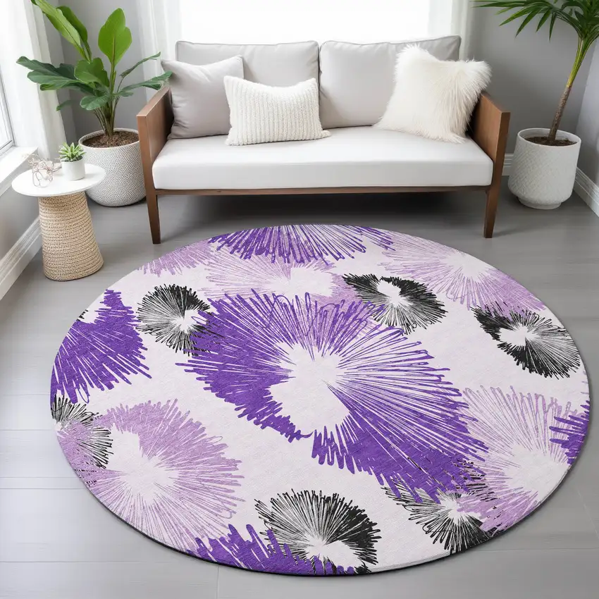 8' Purple Ivory And Charcoal Round Floral Washable Indoor Outdoor Area Rug Photo 8