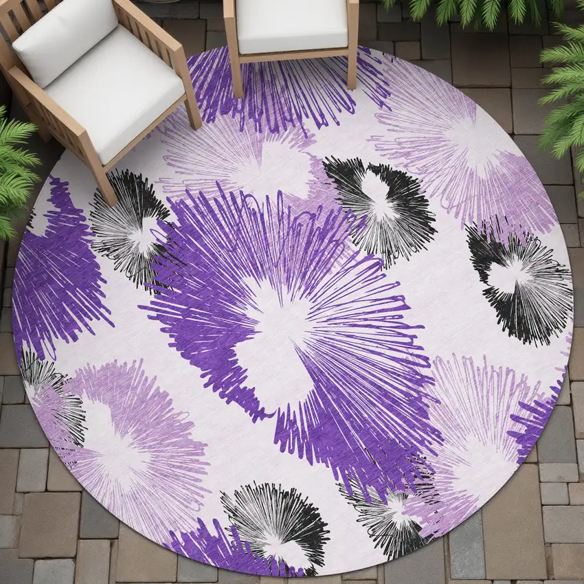 8' Purple Ivory And Charcoal Round Floral Washable Indoor Outdoor Area Rug Photo 7