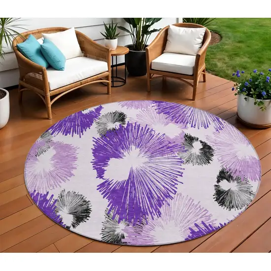 8' Purple Ivory And Charcoal Round Floral Washable Indoor Outdoor Area Rug Photo 2