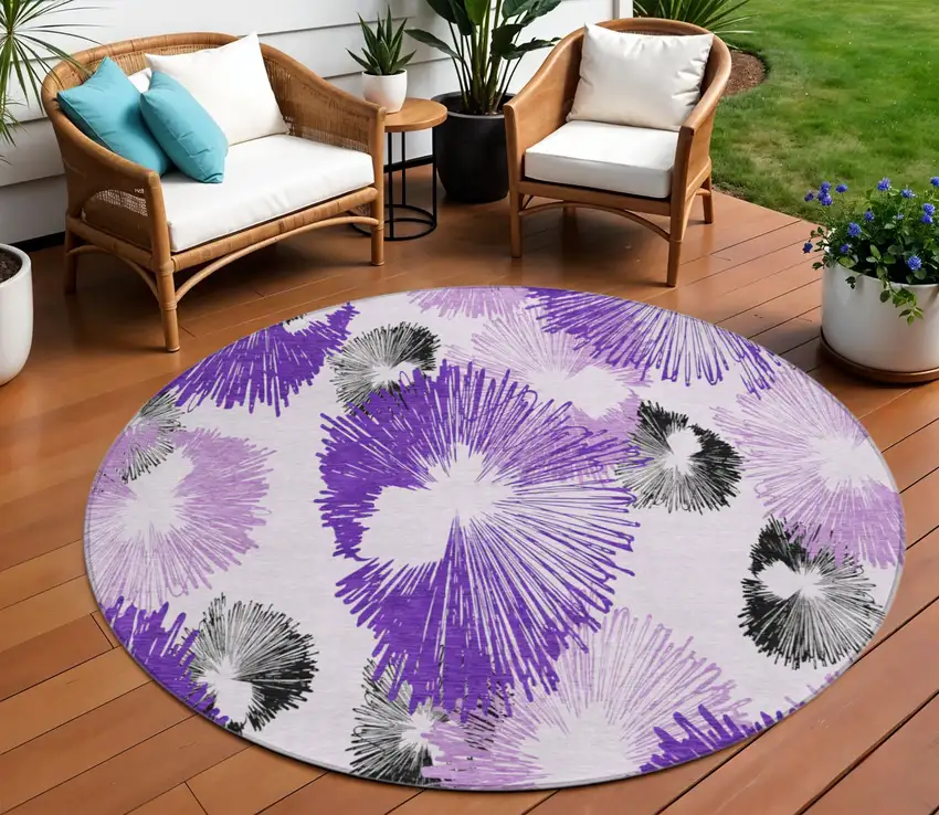 8' Purple Ivory And Charcoal Round Floral Washable Indoor Outdoor Area Rug Photo 2