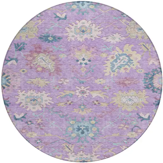 8' Purple Ivory And Denim Blue Round Floral Washable Indoor Outdoor Area Rug Photo 2