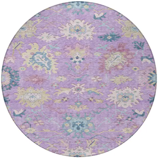 8' Purple Ivory And Denim Blue Round Floral Washable Indoor Outdoor Area Rug Photo 6