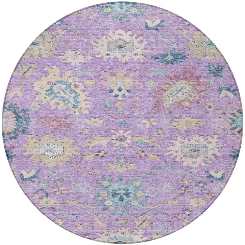 8' Purple Ivory And Denim Blue Round Floral Washable Indoor Outdoor Area Rug Photo 6