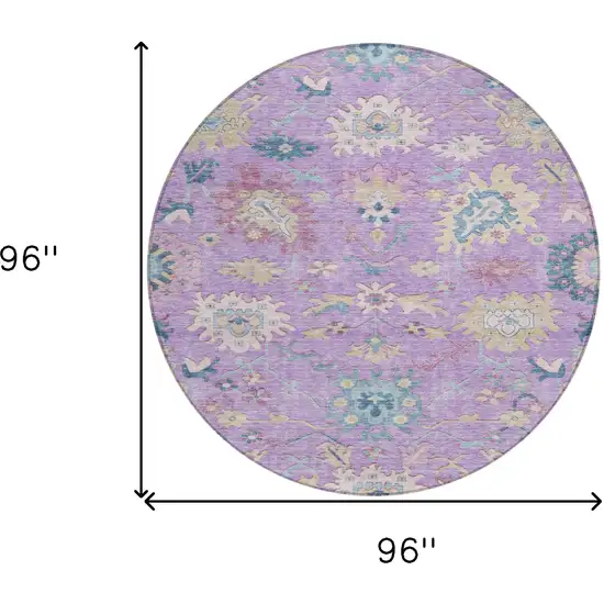 8' Purple Ivory And Denim Blue Round Floral Washable Indoor Outdoor Area Rug Photo 9