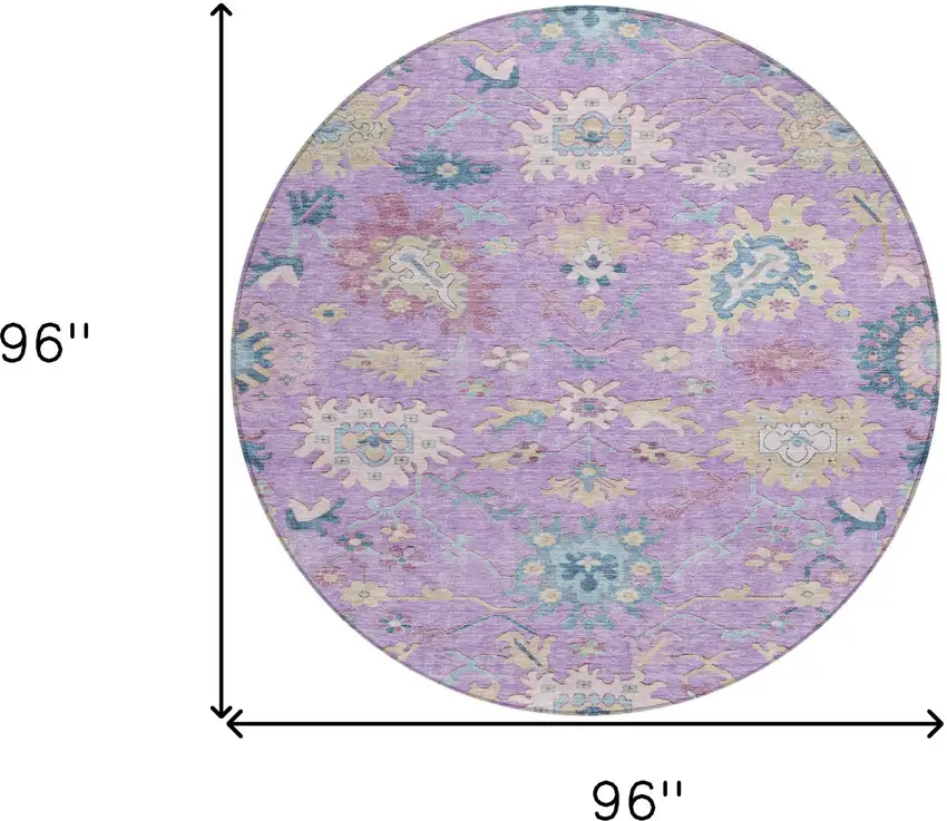 8' Purple Ivory And Denim Blue Round Floral Washable Indoor Outdoor Area Rug Photo 9