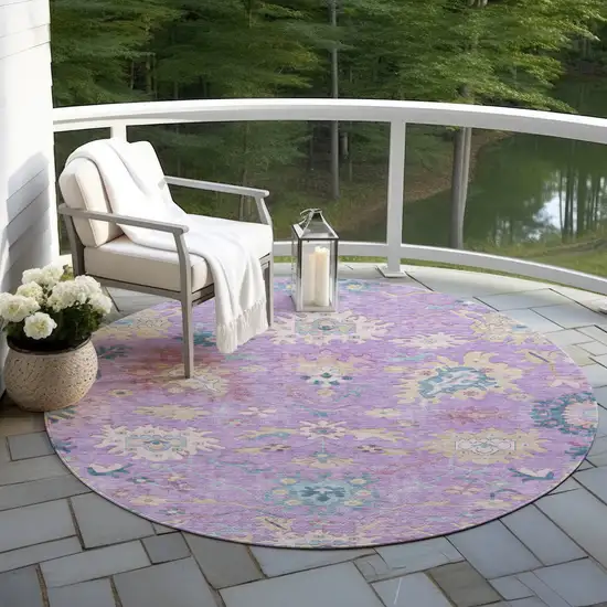 8' Purple Ivory And Denim Blue Round Floral Washable Indoor Outdoor Area Rug Photo 7