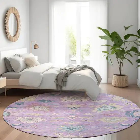 8' Purple Ivory And Denim Blue Round Floral Washable Indoor Outdoor Area Rug Photo 8