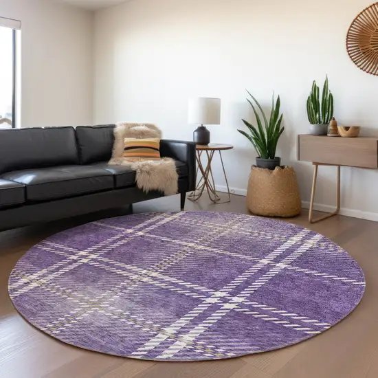 8' Purple Ivory And Gold Plaid Washable Round Rug With UV Protection Photo 4