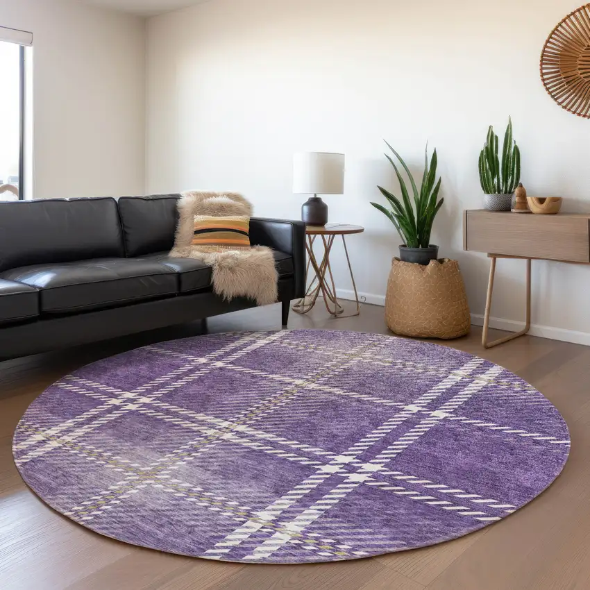8' Purple Ivory And Gold Plaid Washable Round Rug With UV Protection Photo 4