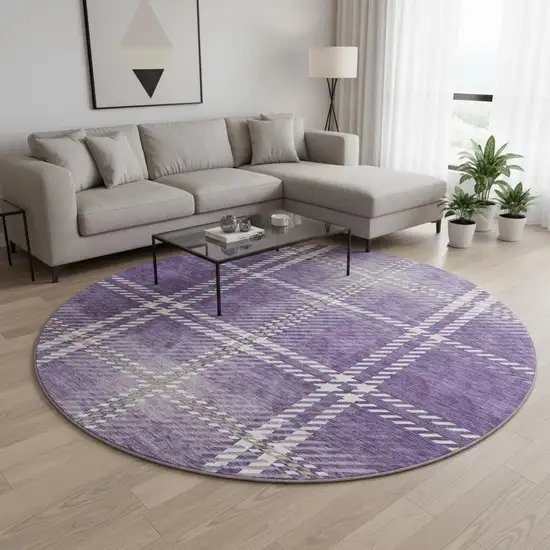 8' Purple Ivory And Gold Plaid Washable Round Rug With UV Protection Photo 2