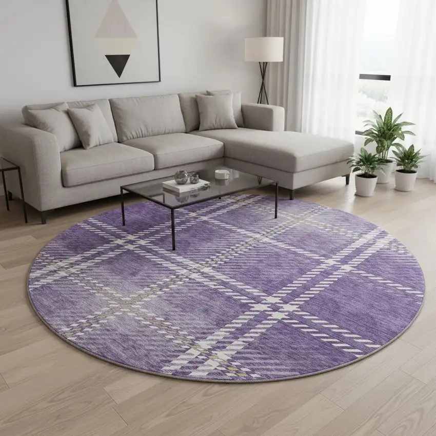 8' Purple Ivory And Gold Plaid Washable Round Rug With UV Protection Photo 2