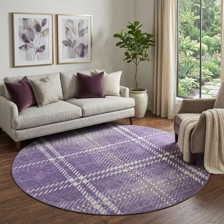 8' Purple Ivory And Gold Plaid Washable Round Rug With UV Protection Photo 1