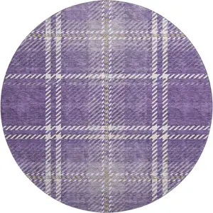 Photo of 8' Purple Ivory And Gold Plaid Washable Round Rug With UV Protection