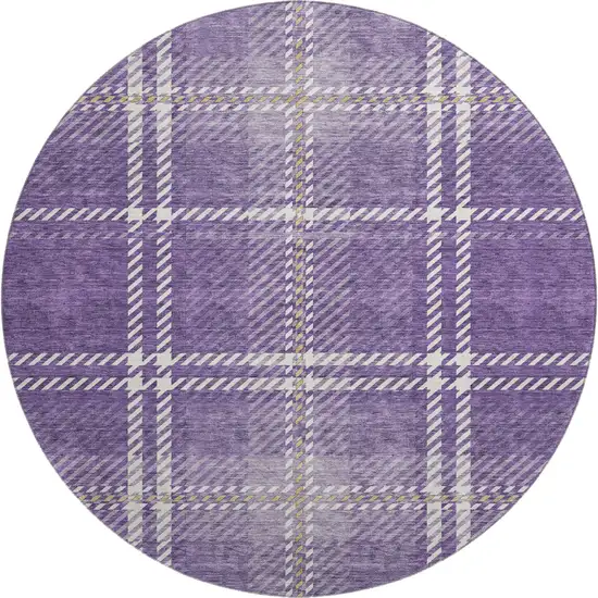 8' Purple Ivory And Gold Plaid Washable Round Rug With UV Protection Photo 1