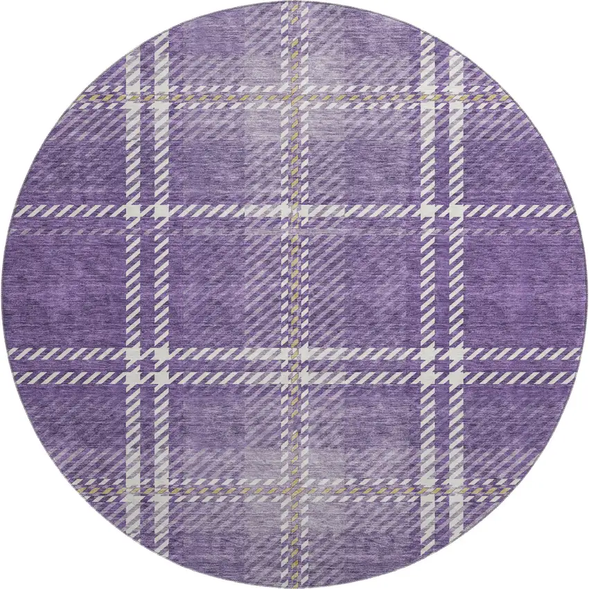 8' Purple Ivory And Gold Plaid Washable Round Rug With UV Protection Photo 1
