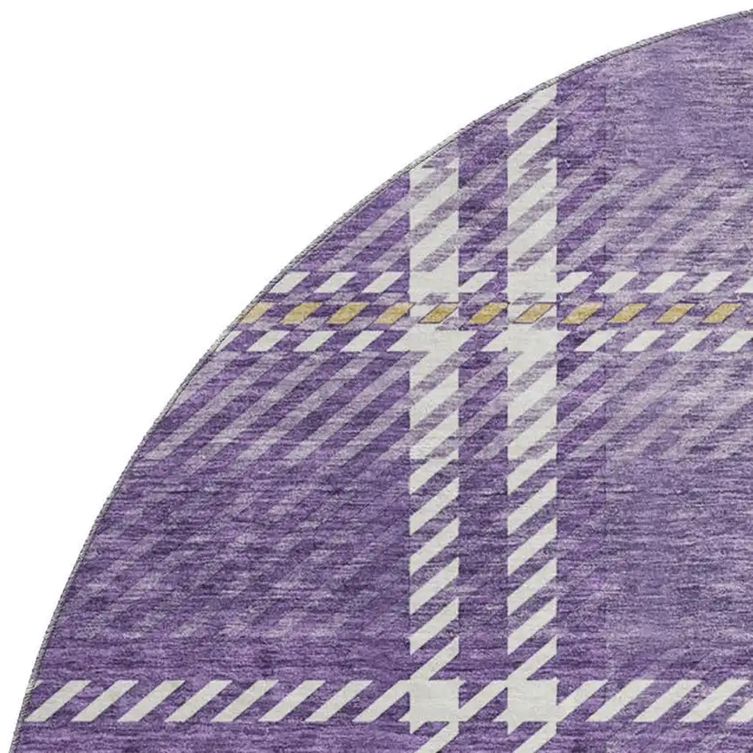 8' Purple Ivory And Gold Plaid Washable Round Rug With UV Protection Photo 2