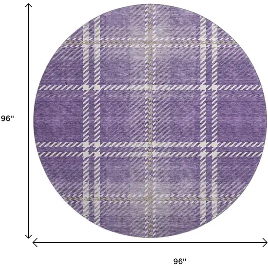 8' Purple Ivory And Gold Plaid Washable Round Rug With UV Protection Photo 9