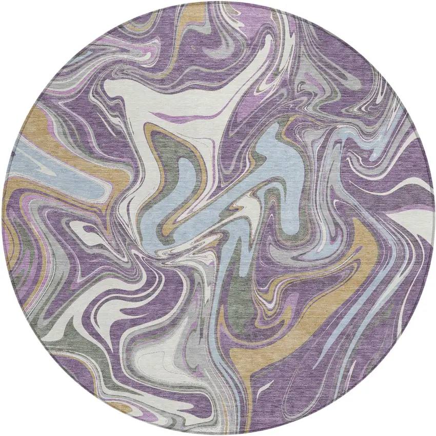 8' Purple Ivory And Gold Round Abstract Washable Indoor Outdoor Area Rug Photo 1