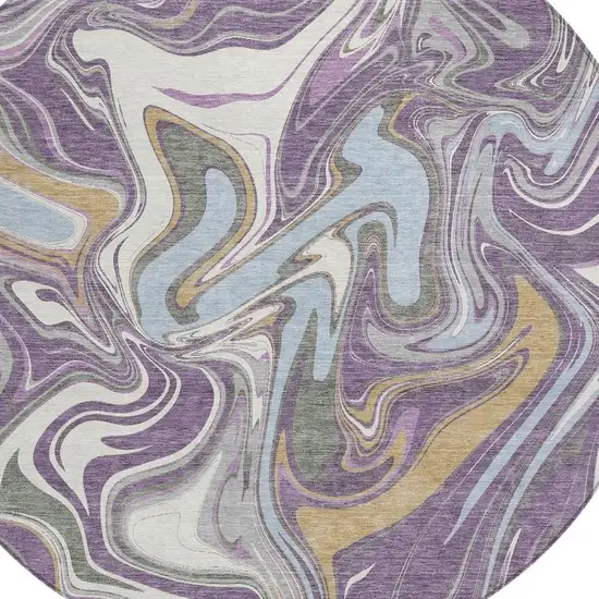 8' Purple Ivory And Gold Round Abstract Washable Indoor Outdoor Area Rug Photo 2