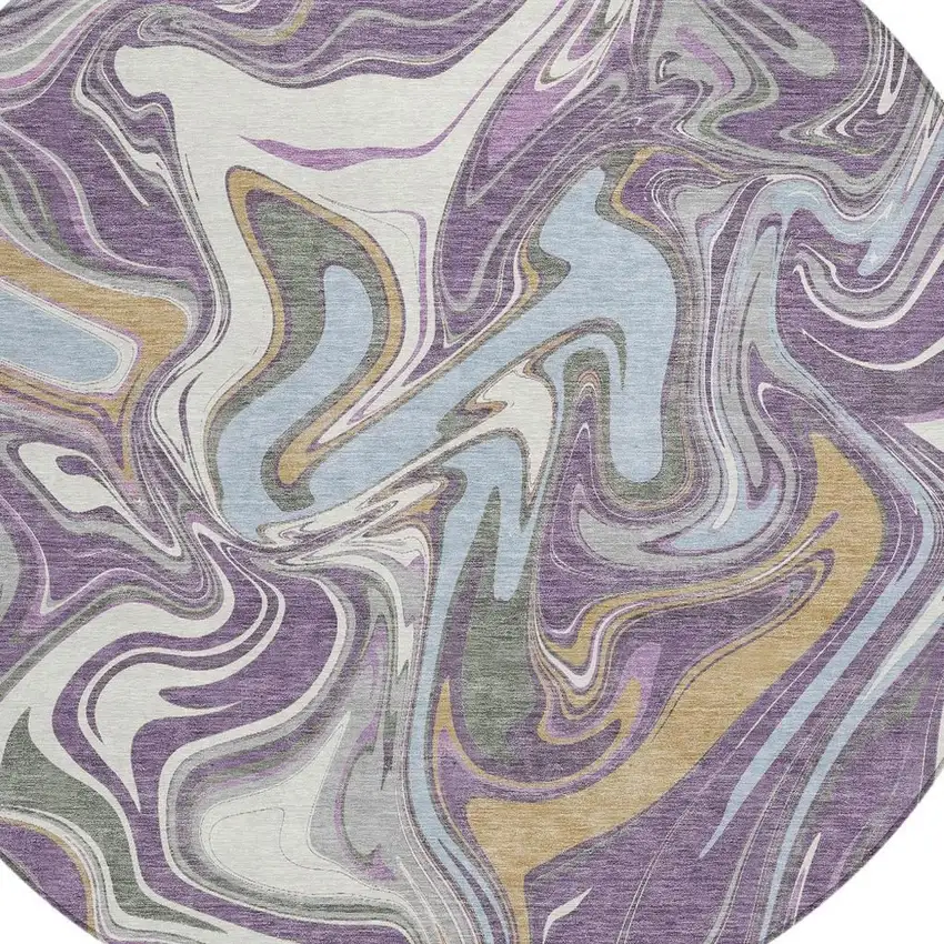 8' Purple Ivory And Gold Round Abstract Washable Indoor Outdoor Area Rug Photo 2