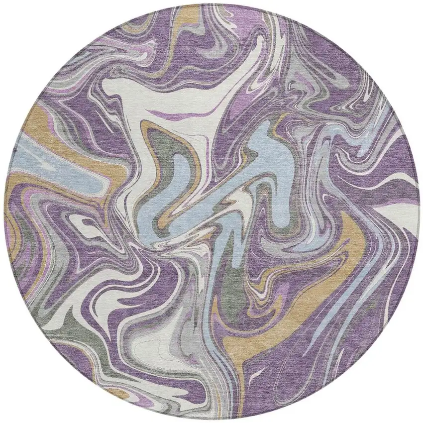 8' Purple Ivory And Gold Round Abstract Washable Indoor Outdoor Area Rug Photo 3