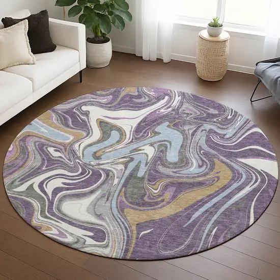 8' Purple Ivory And Gold Round Abstract Washable Indoor Outdoor Area Rug Photo 5