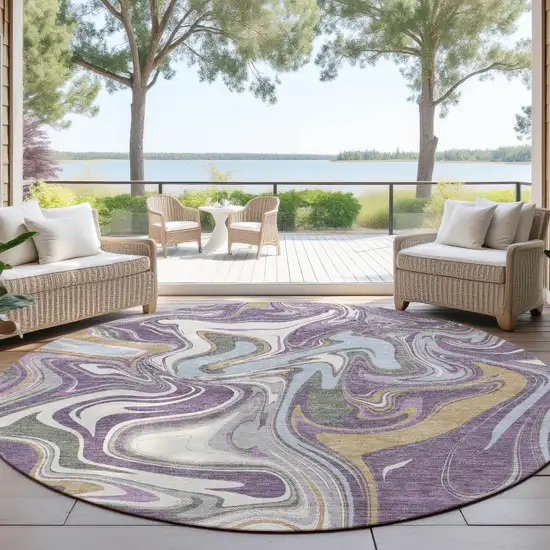 8' Purple Ivory And Gold Round Abstract Washable Indoor Outdoor Area Rug Photo 4