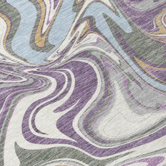 8' Purple Ivory And Gold Round Abstract Washable Indoor Outdoor Area Rug Photo 9