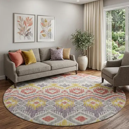 8' Purple Ivory And Gold Tribal Washable Round Rug With UV Protection Photo 1