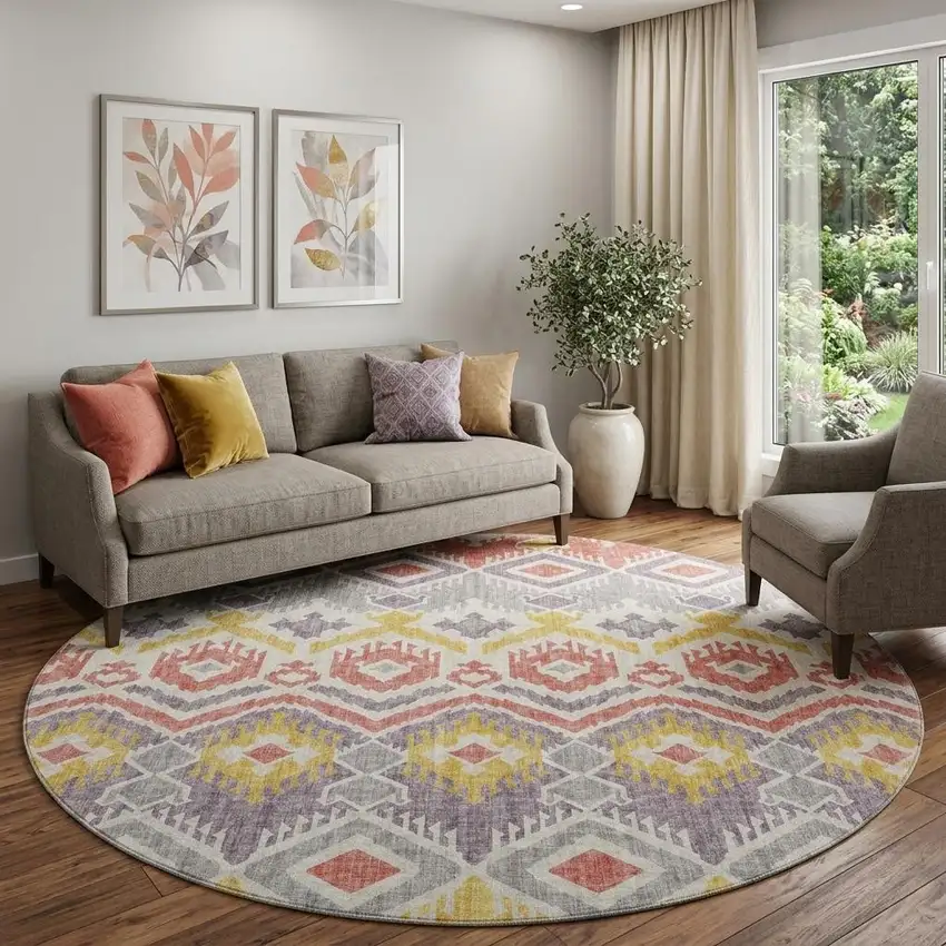 8' Purple Ivory And Gold Tribal Washable Round Rug With UV Protection Photo 1