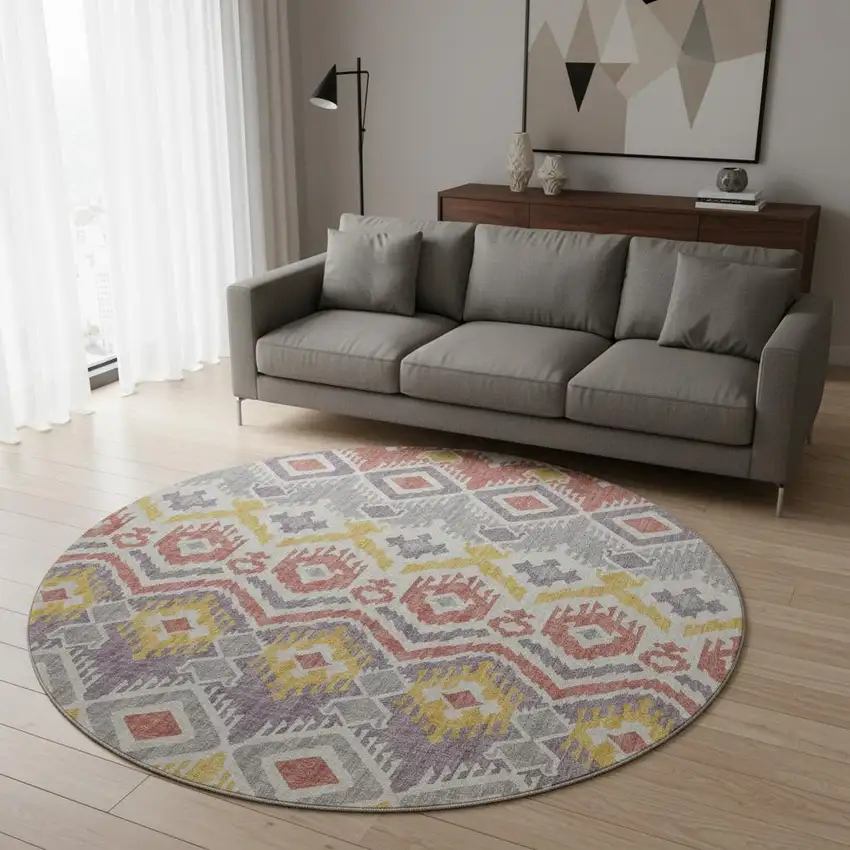 8' Purple Ivory And Gold Tribal Washable Round Rug With UV Protection Photo 1