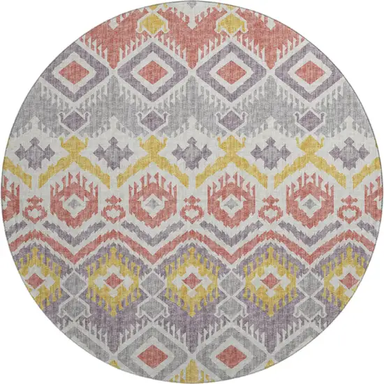 8' Purple Ivory And Gold Tribal Washable Round Rug With UV Protection Photo 2