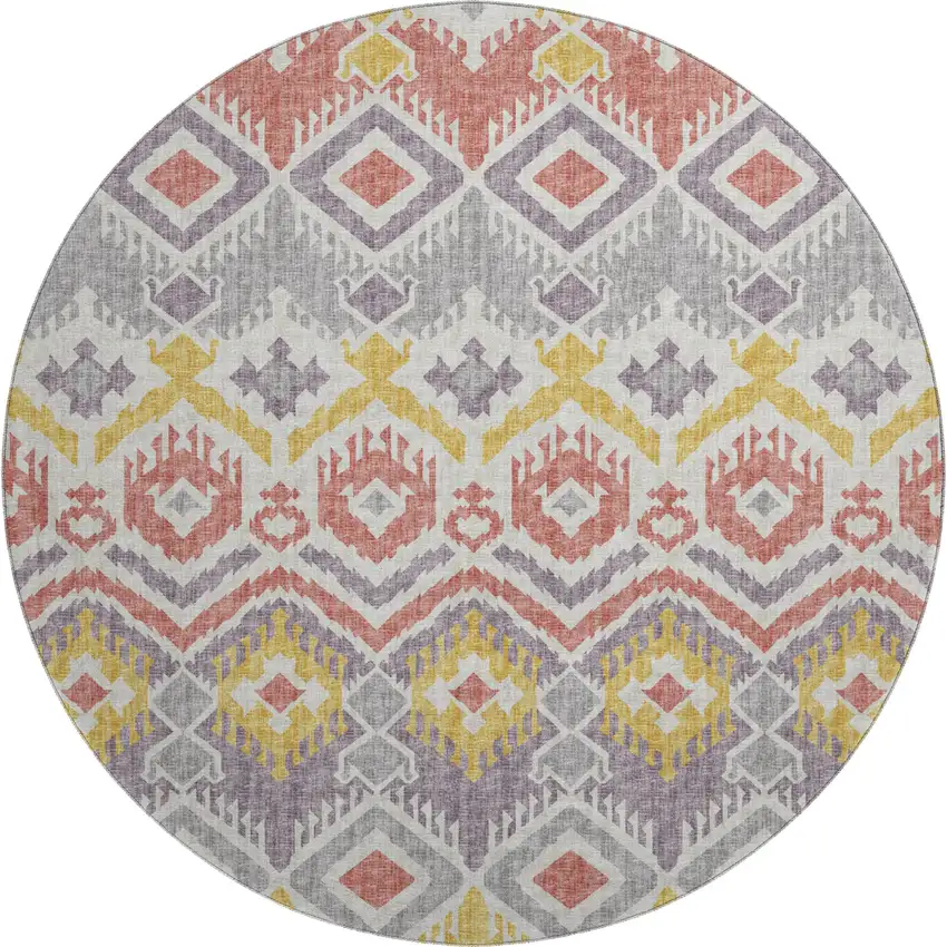 8' Purple Ivory And Gold Tribal Washable Round Rug With UV Protection Photo 2