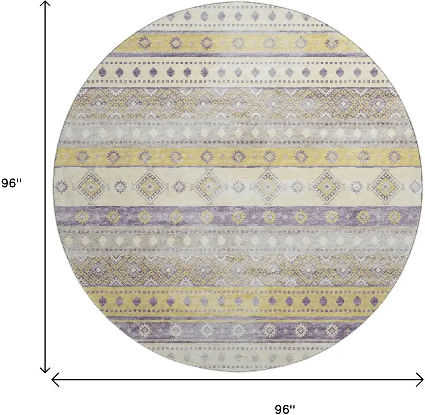 8' Purple Ivory And Gold Tribal Washable Round Rug With UV Protection Photo 3