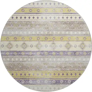 Photo of 8' Purple Ivory And Gold Tribal Washable Round Rug With UV Protection