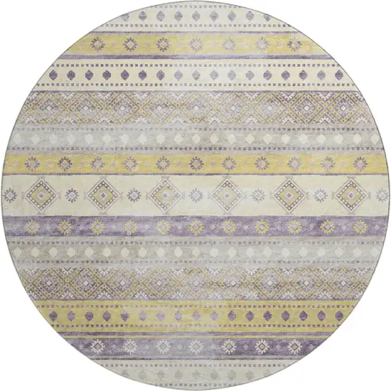 8' Purple Ivory And Gold Tribal Washable Round Rug With UV Protection Photo 2