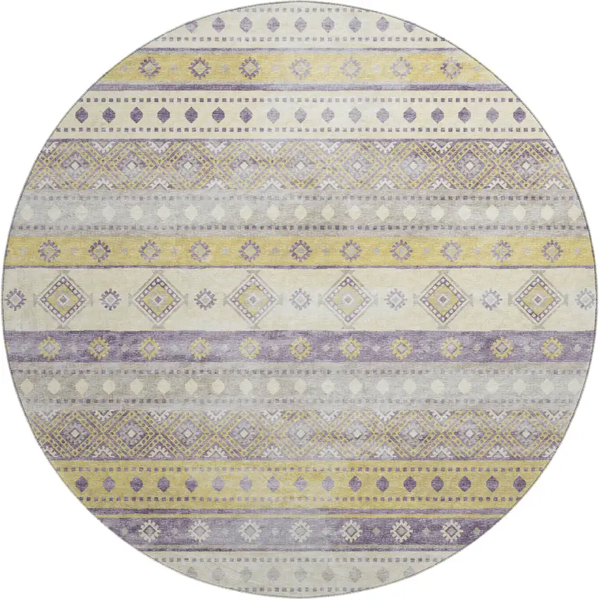 8' Purple Ivory And Gold Tribal Washable Round Rug With UV Protection Photo 2