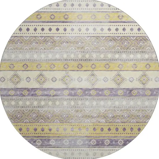 8' Purple Ivory And Gold Tribal Washable Round Rug With UV Protection Photo 4