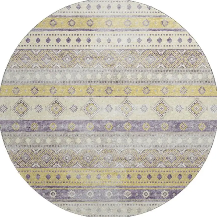 8' Purple Ivory And Gold Tribal Washable Round Rug With UV Protection Photo 4