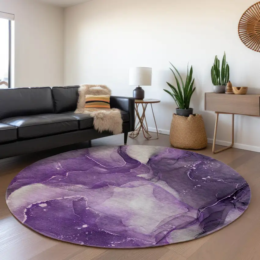 8' Purple Ivory And Gray Abstract Washable Round Rug With UV Protection Photo 4