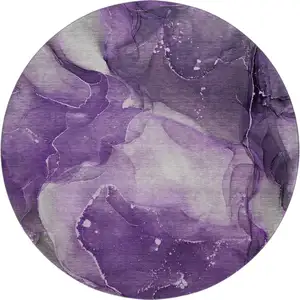 Photo of 8' Purple Ivory And Gray Abstract Washable Round Rug With UV Protection