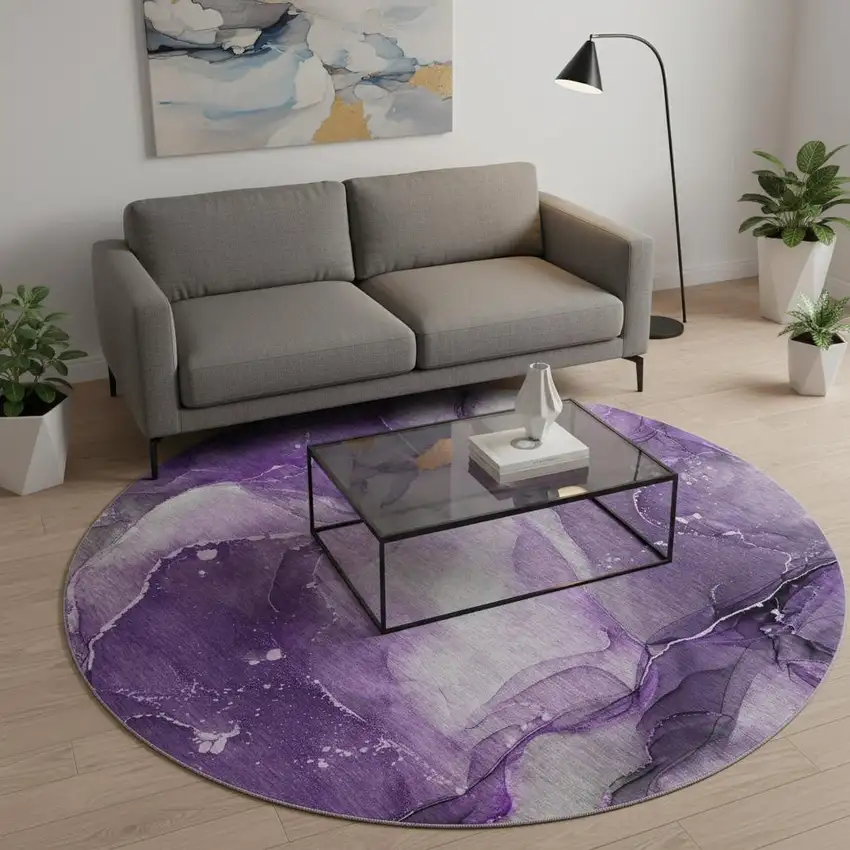8' Purple Ivory And Gray Abstract Washable Round Rug With UV Protection Photo 2